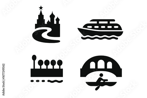 Moscow Russia travel icon set. Vector glyph collection of city landmarks and river activities. Kremlin silhouette, tour boat, arched bridge, person rowing, embankment scenery.