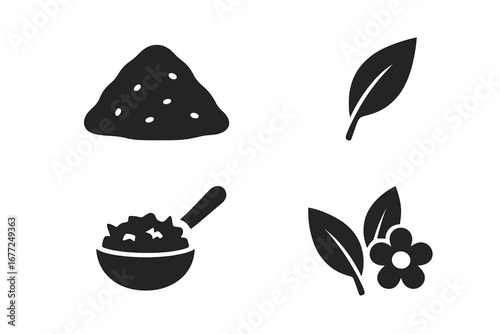 Tea flavor and ingredient vector icon set. Solid glyphs of loose tea pile, green tea leaf, black tea in scoop, and herbal flower mix. Beverage and drink symbols for design.