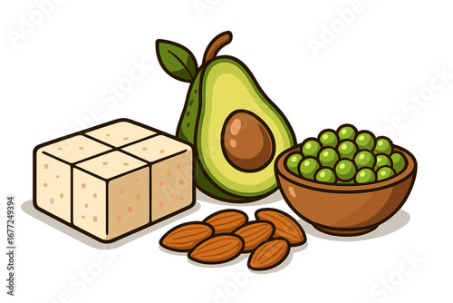 Healthy plant-based food options including tofu, avocado, peas, almonds; nutritious vegetarian protein sources, clean eating vector cartoon illustration, transparent background