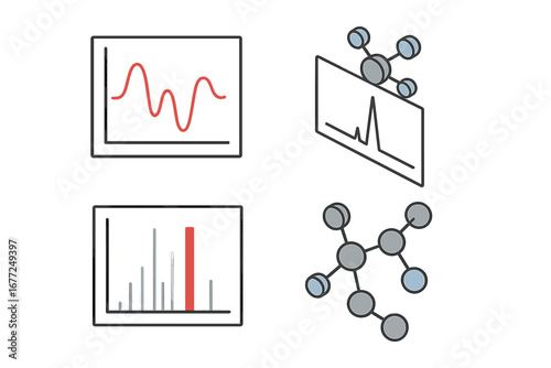 Molecular analysis icon set. Isometric vector icons for science and chemistry. Spectroscopic methods concept. Infrared, NMR, and mass spectrum graphs. Molecule structure symbol.