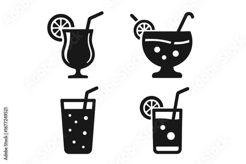 Cocktail and mocktail icon set. Vector glyph illustrations of non-alcoholic drinks, fruit punch, and soda beverages in various glasses for bar menus or summer party concepts.