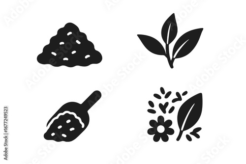 Tea icon set. Solid glyph vector of loose leaf tea pile, green tea leaves, black tea scoop, and herbal flower mix. Beverage ingredients and natural drink symbols for design.