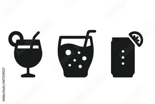 Non-alcoholic drinks icon set. Solid glyph vector illustration of mocktail, fruit punch, and soda can. Beverage, juice, and cocktail glass silhouettes for bar menu design.