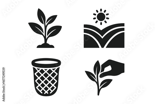 Tea harvest icon set. Solid glyph icons for tea growing and production. Includes tea bush, plantation field, wicker basket, and hand picking leaves. Agriculture vector symbols.