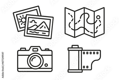 Nostalgic travel and photography line icon set. Retro outline vector icons of a vintage camera, film roll, road map, and postcards. Vacation adventure symbols and keepsakes.