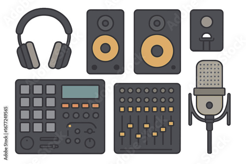 Sound Equipment and Music Production Tools Vector Flat Illustration with Headphones, Mixer, Microphone, Speakers for Audio Creativity and Studio Setup Design