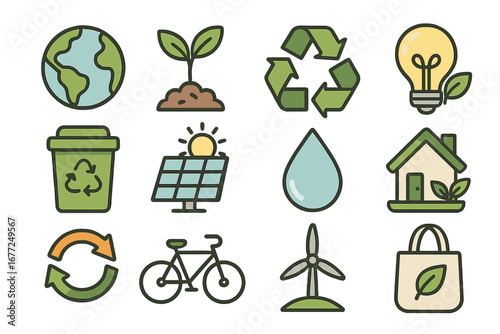 Icon collection representing environmental concepts and sustainability practices in minimalist cartoon style with Earth, recycling, renewable energy, clean transportation, and eco-friendly living