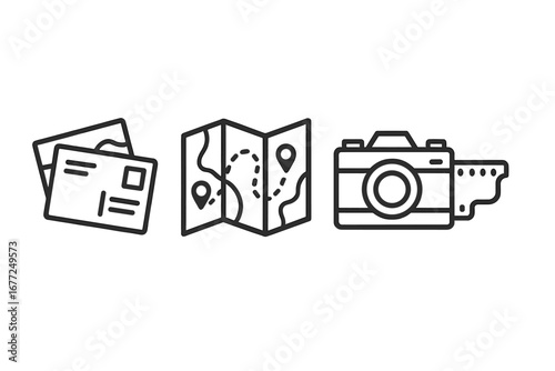 Nostalgic travel icon set for road trip memories. Vintage postcard, old map with route, retro camera and film roll. Keepsake and souvenir vector outline illustration.