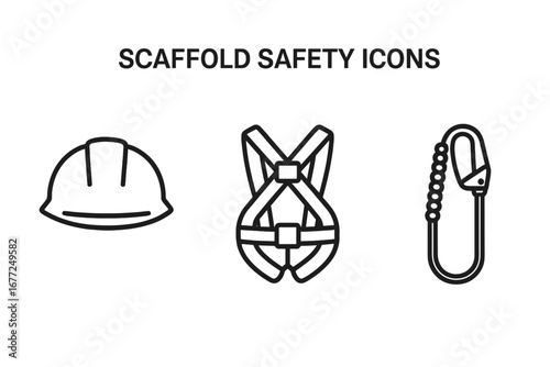 Scaffold safety icons set. Personal Protective Equipment for construction and working at height. Line art symbols of hard hat, safety harness, and fall protection lanyard.