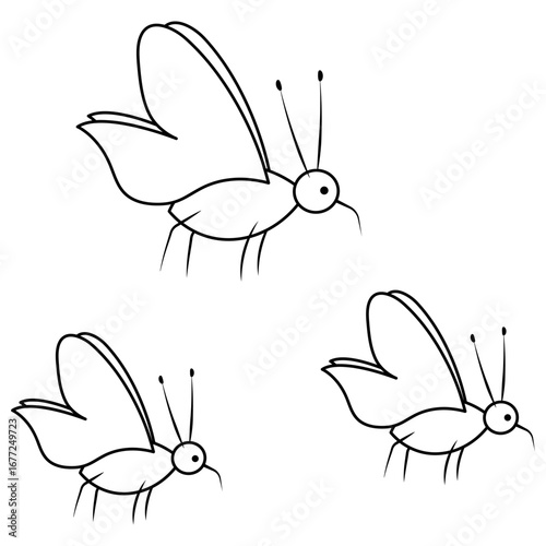 Three mosquitoes. Sketch. Blood-sucking insect with a sharp proboscis. Vector illustration. Doodle style. Coloring book for children. Creature with antennae, carrier of diseases.