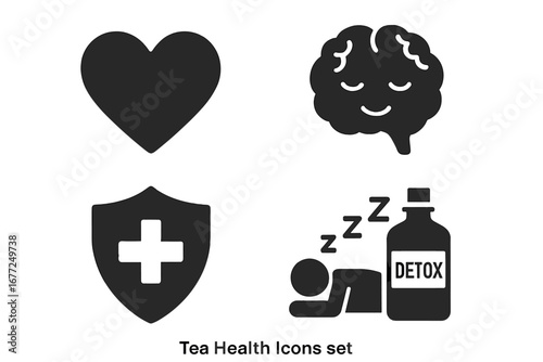 Tea health benefits icon set. Solid glyph icons. Heart health, calm brain, immune support, sleep aid, detox. Wellness and healthy lifestyle vector symbols. Infographic elements.