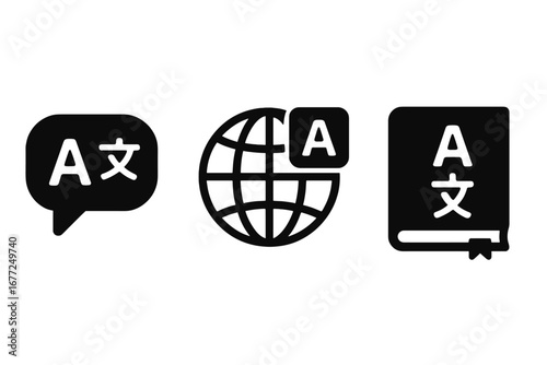 Language learning and translation vector icon set. Globe, dictionary book, and chat bubble for education app or service. Foreign language school, vocabulary, and global communication.