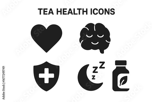 Tea health benefits icon set. Solid glyph icons for heart health, calm brain, mental wellness. Immune system shield, sleep aid moon, detox bottle with leaf. Vector symbols.