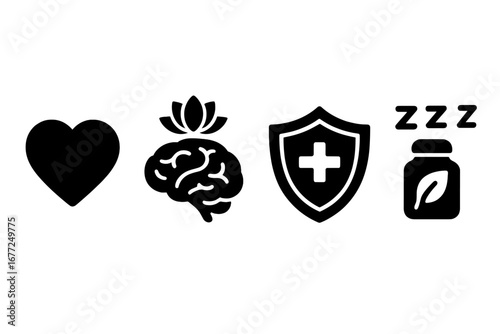 Health benefits icon set. Vector glyphs for wellness tea. Heart health, calm mind, immune system support, sleep aid, and natural detox symbols for healthy lifestyle.