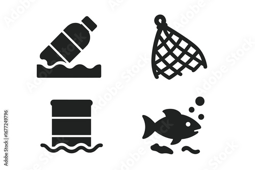 Ocean pollution vector icon set. Plastic waste, garbage, and chemical contamination concept. Environmental problem illustration with bottle, barrel, fishing net, and dirty water.