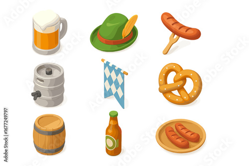 Oktoberfest isometric icons set. 3D vector illustration of German beer festival symbols. Traditional Bavarian food and drink elements like pretzel, sausage, beer, and hat.