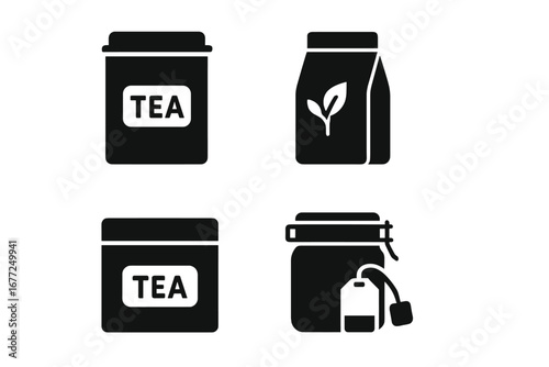 Tea packaging and storage icon set. Solid glyph vector collection of tea tin, canister, paper pouch, box, and airtight jar. Beverage container and product branding symbols.