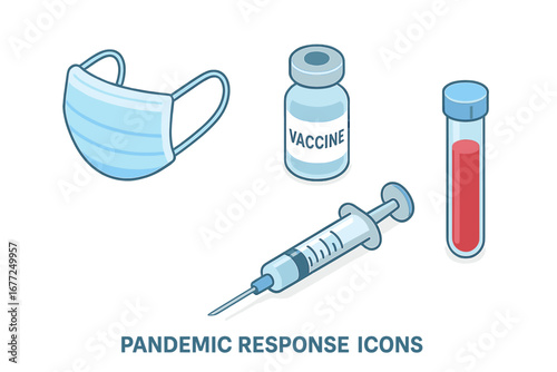 Pandemic response icon set. Isometric vector illustration of medical mask, vaccine, syringe, blood test tube. Health care, prevention, immunization, and protection concept.