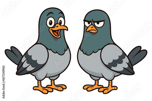 Two Cartoon Pigeons Side by Side with Distinct Facial Expressions, Vector Illustration, Funny Birds with Happy and Angry Emotions, Wildlife Characters, Animal Mascots, Transparent Background