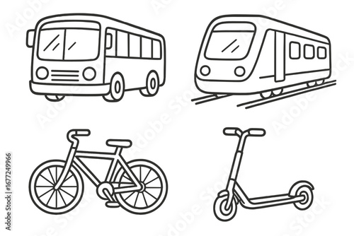 Public transport icon set with bus and train. Urban mobility concept with bicycle and electric scooter. Simple line art vector illustration for city commute and eco travel.