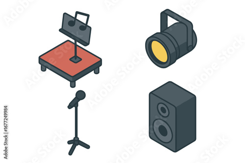 Live performance isometric icon set. Music concert equipment vector graphics. Stage platform, microphone stand, spotlight, and speaker for show, festival, or event production.