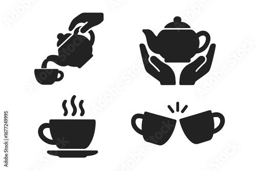 Tea and coffee icon set. Pouring hot drink from teapot. Hands holding kettle. Steaming cup on saucer. Cheers with mugs. Hospitality and friendship concept vector icons.
