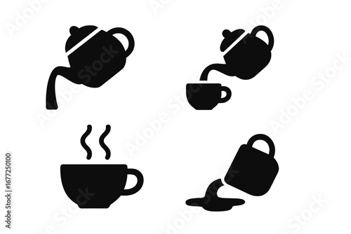 Tea pouring icon set. Solid glyph vector collection of tea or coffee making actions. Teapot pouring, hot steam from a cup, filling a mug, and spilling liquid illustration.