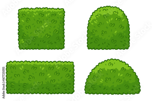 Cartoon bush and hedge set for landscape design. Vector green plant, shrub, and foliage elements for garden, park, or game asset. Greenery icons isolated on white background.