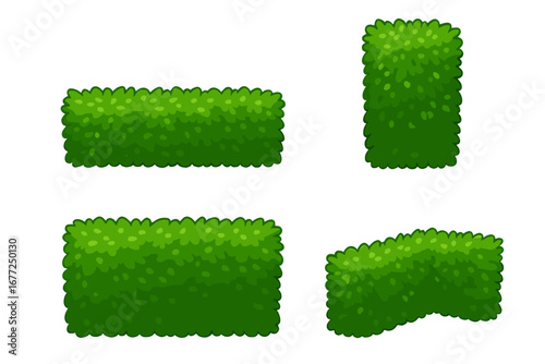 Lush green hedge and bush set for landscape design. Cartoon vector illustration of foliage panels for privacy screening in gardens or parks. Natural plant wall elements.