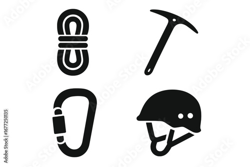 Mountain climbing gear icon set. Solid glyph vector illustration of outdoor adventure equipment. Includes climbing rope, ice axe, carabiner, and safety helmet for mountaineering.