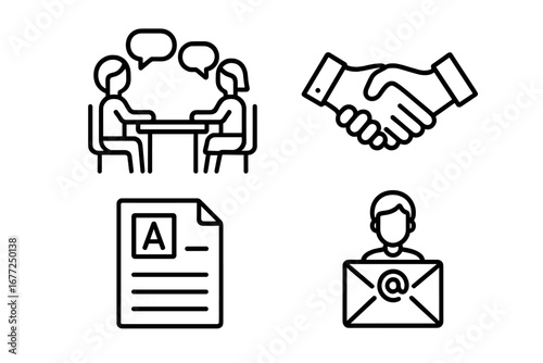 Parent teacher meeting outline icon set. School conference, student report card, good grades, handshake for partnership, and email communication. Vector line art pictogram.