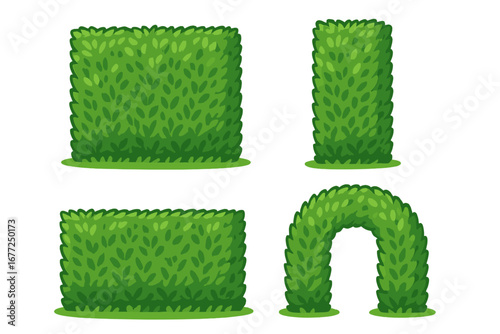 Green hedge set for landscape design. Cartoon vector illustration of bushes, shrubs, and topiary arch. Garden fence or privacy screen elements for park or outdoor spaces.