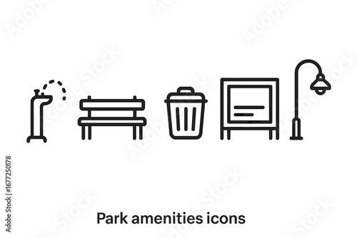 Park amenities line icon set. Urban public space elements. Vector icons of water fountain, bench, trash bin, info board, street light. Outdoor recreation graphic symbols.