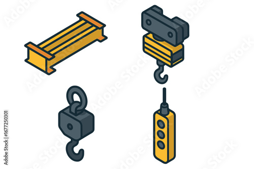 Overhead crane icon set in isometric flat design. Vector cartoon illustration of industrial lifting equipment like bridge girder, hoist trolley, hook block, and control pendant.