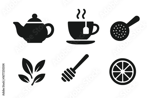 Tea time solid icon set. Vector glyph collection with teapot, teacup, tea strainer, loose leaf tea, honey dipper, lemon. Simple silhouette graphics for brewing concepts.