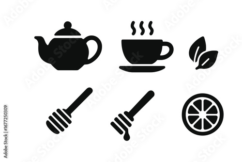 Tea time solid glyph icon set. Vector graphic collection of tea essentials with teapot, hot teacup, leaves, honey dipper, and lemon slice. Hot beverage and breakfast symbols.