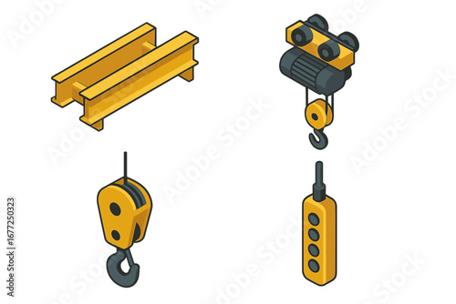 Overhead Crane Icons. Isometric vector icon set of bridge crane system parts. Industrial lifting equipment elements: bridge girder, hoist trolley, hook block, control pendant.