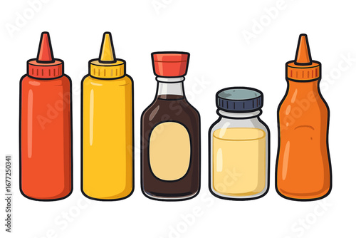 Variety of Colorful Condiment Bottles Set, Cartoon Style Vector Illustration for Food Preparation and Dining, Transparent Background, Kitchen Essentials Collection