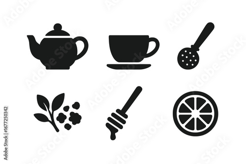 Tea time vector icon set. Solid glyph symbols collection of teapot, teacup, strainer, loose leaf tea, honey dipper, lemon slice. Hot beverage and cafe menu graphic elements.