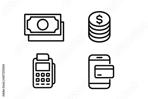 Payment methods outline icons. Vector line icon set of financial and commercial symbols. Includes cash, money, coins, POS terminal, credit card reader and mobile payment.