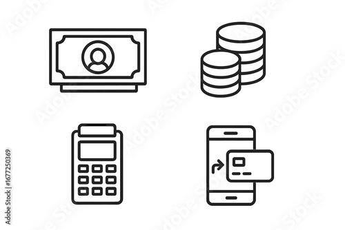 Payment methods outline icon set. Vector symbols for finance, commerce and banking. Cash money, coins, credit card terminal and mobile payment for online shopping and transaction.