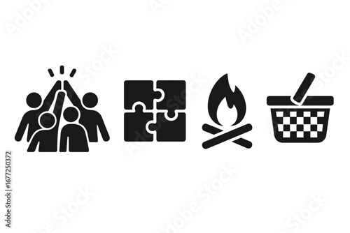 Team building solid icon set. Teamwork and collaboration glyphs. Employee engagement activities like group high-five, puzzle solving, company picnic and campfire bonding.