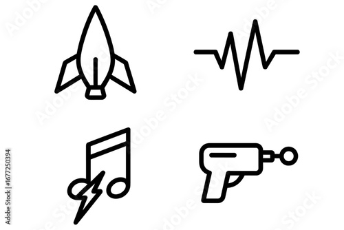 Sci-fi line icon set. Vector collection of futuristic symbols: spaceship, rocket, laser gun, blaster, electronic pulse, heartbeat, synthwave music note. Game UI elements.