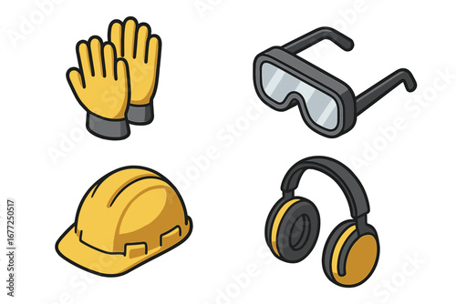 PPE icon set. Personal Protective Equipment for work safety. Industrial construction gear. Vector illustration of hard hat, gloves, goggles, and ear protection. Isometric design.
