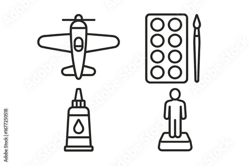 Model building icon set for hobbies and crafts. Outline vector icons of scale model airplane, paint set, glue, and a collectible figure. DIY creative pastime illustration.