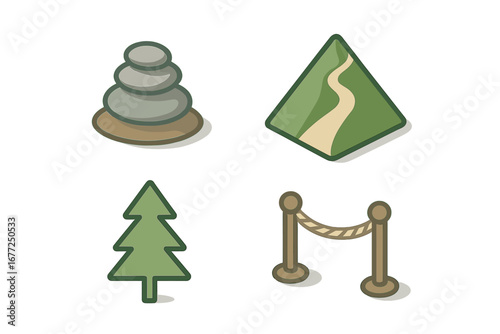 Isometric mountain trail icon set for hiking adventure. Vector flat design with cairn rock stack, winding path, pine tree, and rope barrier. Nature, travel, and exploration symbols.