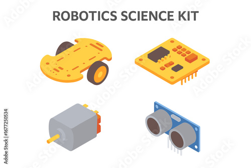 Robotics science kit isometric icon set. STEM education learning elements. Robot chassis, circuit board, DC motor, and ultrasonic sensor. Engineering hardware components.