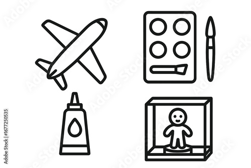 Model building and collectibles icon set. Vector outline symbols for hobby and crafts, including a model airplane, paint palette, brush, glue, and a collectible figure in a case.