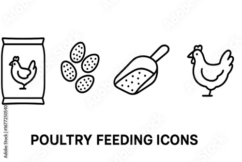Poultry Feeding Icons Set, Outline Vector Illustration of Chicken Feed Sack, Corn Kernels, Feed Scoop, and Chicken, Farm Animal Nutrition Symbols, Transparent Background