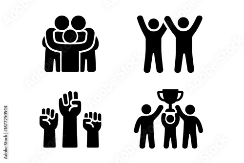 Teamwork celebration solid icons set. Group hug, cheer gesture, success. Raised hands for victory. Partnership and achievement with trophy. Solidarity and protest fists vector.